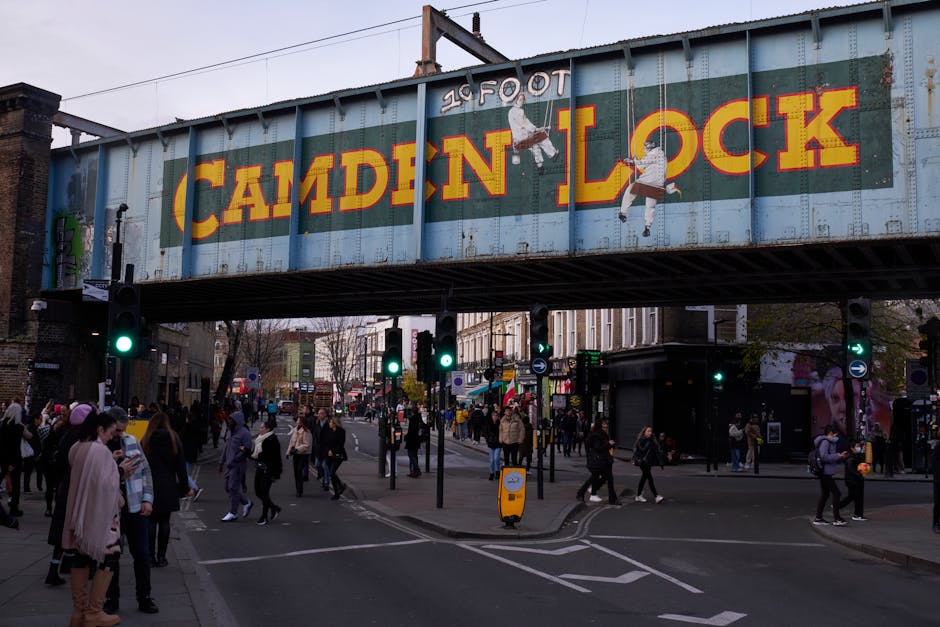 A small blue shopfront with signage indicating 'Camden Quality Fish,' situated on a city street and offering fresh fish and seafood. The shop has a large glass window displaying various frozen fish pr